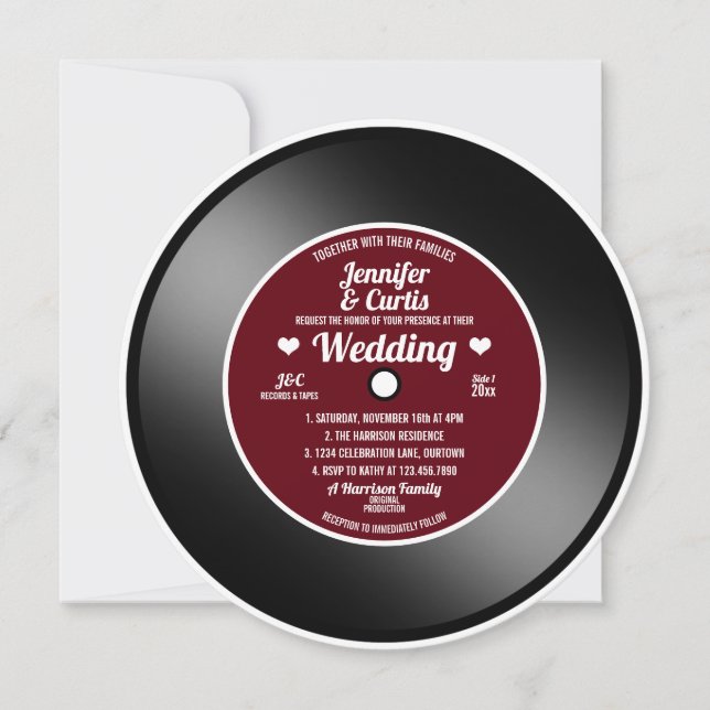 Retro Vinyl Record Vin Rouge Faire-part de mariage (Devant)