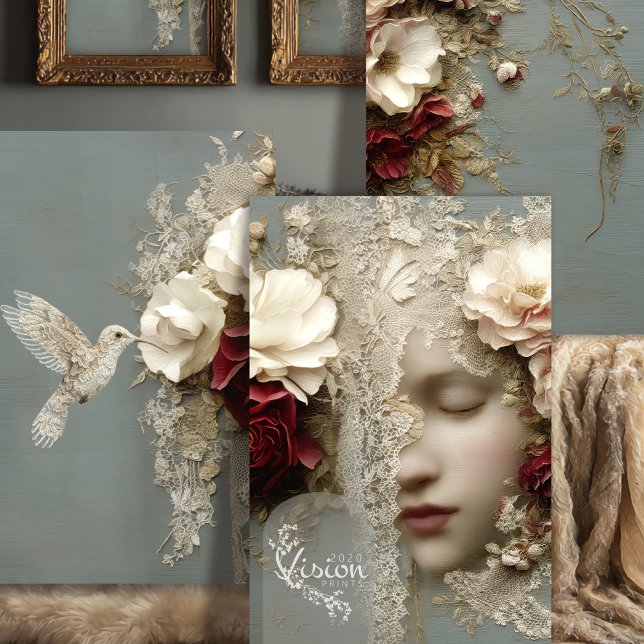 Rêverie en fleurs Triptyque Découpage en papier ép (Close up of a woman in flowers & lace, with burgundy, beige and sage green blue colours)