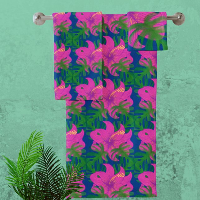 Rêves de forêt tropicale Hibiscus Vert Bleu Rose C (Rainforest dreams bath towel set)