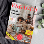 Revue de magazine 4 photos faire-part fiançailles<br><div class="desc">un faire-part fiançailles de couverture de magazine amusant,  avec 4 photos,  et le type gras en jaune rouge,  voici le scoop,  le faire-part fiançailles surprise!</div>