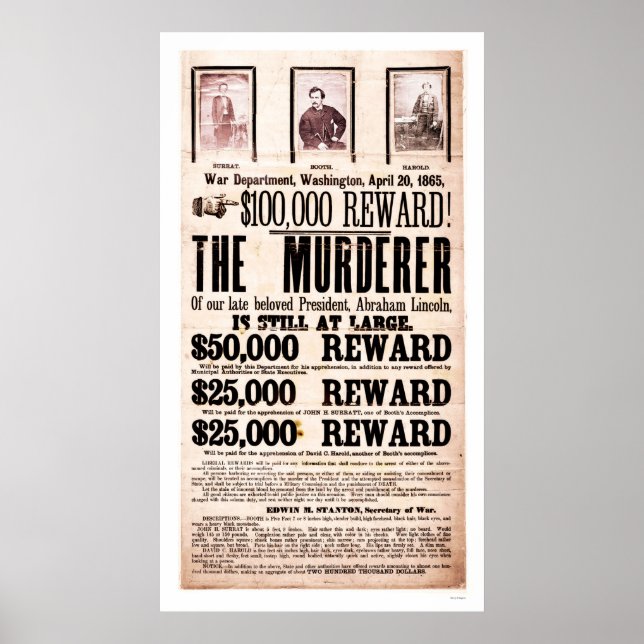Reward Poster for Lincoln's Assassination 1865 (Devant)