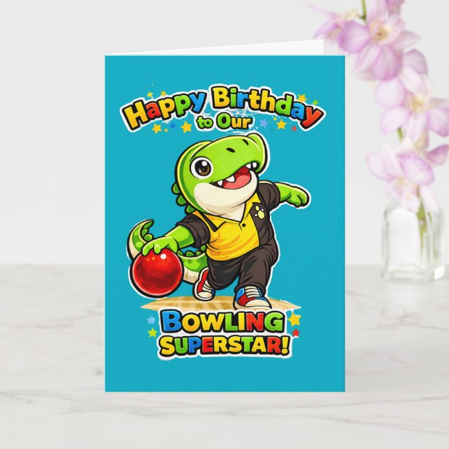 Rexy le T-Rex Bowling Superstar | Carte d'annivers (Orchidée)