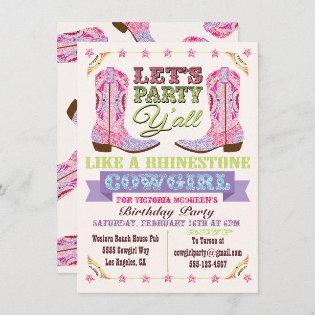 Rhinestone Cowgirl Anniversaire Invitations (Devant / Derrière)
