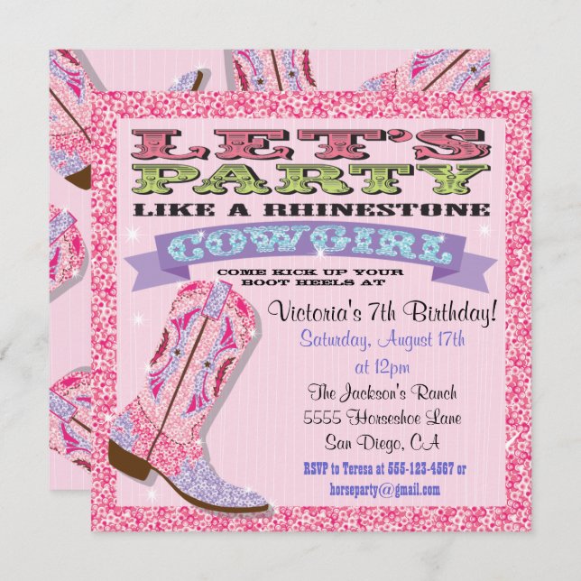 Rhinestone Cowgirl Anniversaire Invitations (Devant / Derrière)
