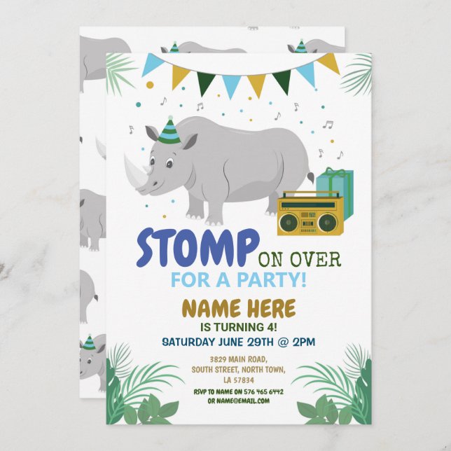 Rhino Anniversaire de enfant Animal Fun Invitation (Devant / Derrière)