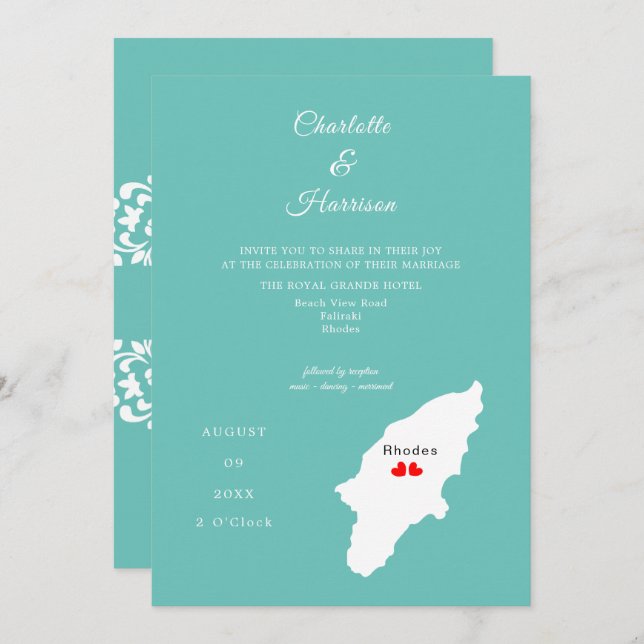 Rhodes Destination Mariage Invitation (Devant / Derrière)