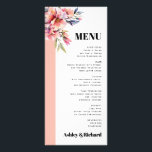 Rhododendron peach pink flowers wedding menu card<br><div class="desc">Rhododendron branch and peach pink flowers wedding menu card. This budget-friendly wedding menu card features an elegant, nature-inspired design. A graceful rhododendron branch with soft peach-pink blooms embellishes a crisp white border, while a peach-pink panel on the left side enhances its refined appeal. The word “MENU” and the couple’s names...</div>