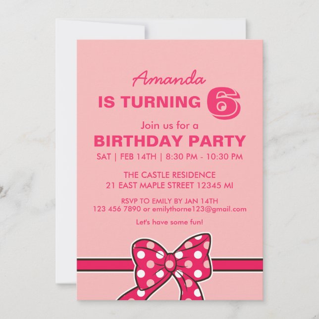 Ribbon Pois rose et Bow Invitation d'anniversaire (Devant)