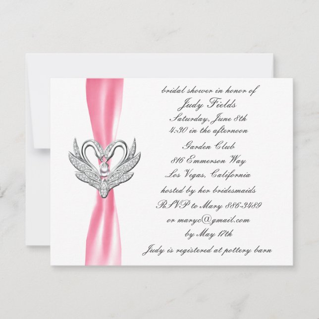 Ribbon rose Argent Swans Bridal Shower Invitation (Devant)