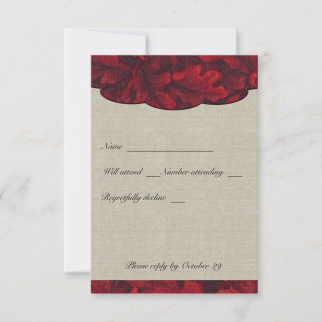 Rich Red Fabric Feuilles & Linen rsvp avec envelop (Devant)