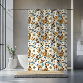 Rideau bohème opulent fleurs bleues terracotta