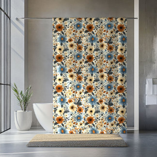 Rideau de bain bohème en terracotta floral bleu po