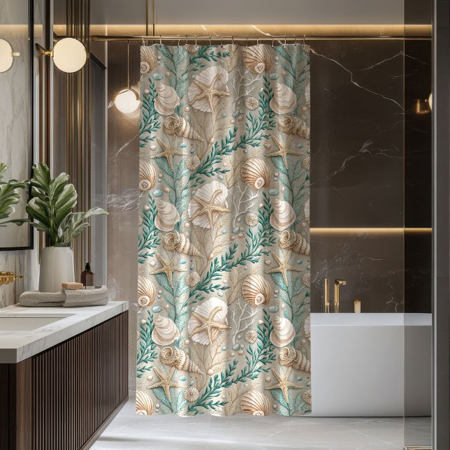 Rideau de bain marron clair et bleu aspect plage (Maritime Curtain Light Brown and Blue Beach Look)