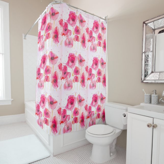 Rideau de douche à aquarelle de fleur de pavot rou (En situation)