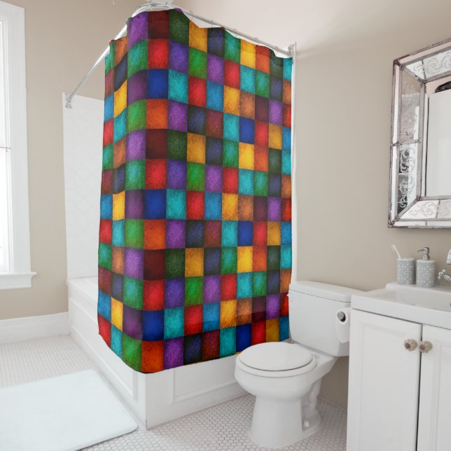 Rideau de douche à blocs de couleur moderne avec P (En situation)