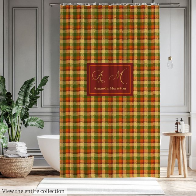 Rideau de douche à carreaux chic d'automne avec no (Autumn Plaid Shower Curtain Cozy Custom Name Accent)