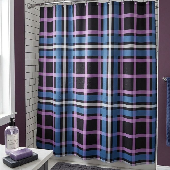 Rideau de douche à carreaux gras – Bleu, lavande e (Créateur téléchargé)