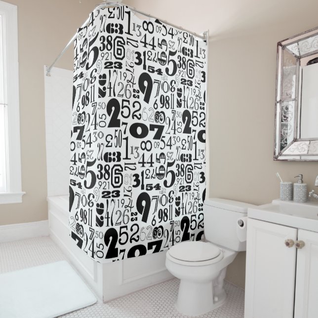 Rideau de douche à chiffres Noir & Blanc (En situation)