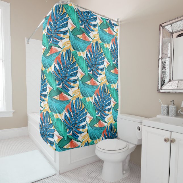 Rideau de douche à feuilles tropicales exotiques (En situation)