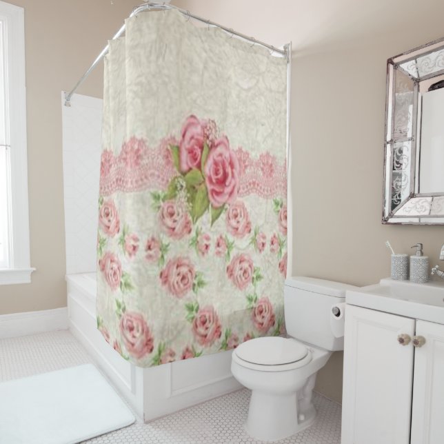 rideau de douche à fleurs rose victorien (En situation)