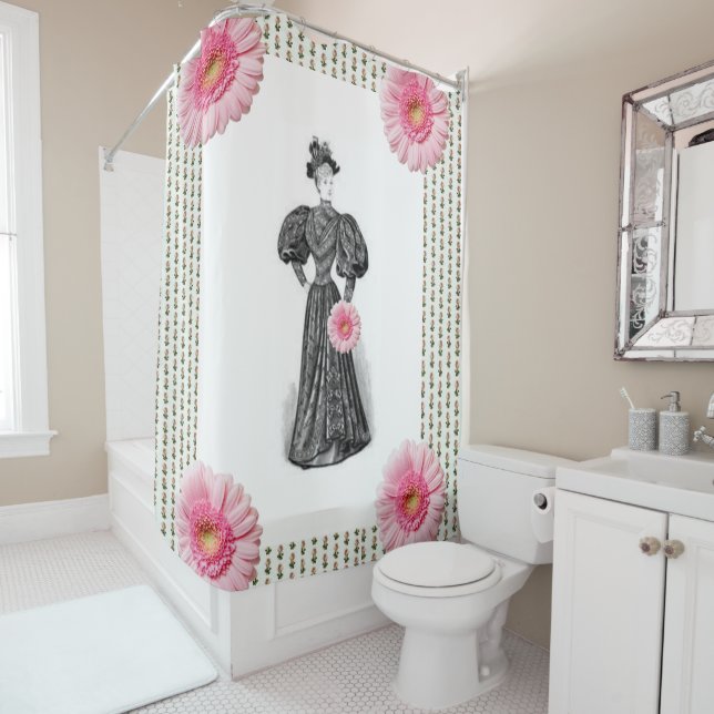 rideau de douche à fleurs rose victorien (En situation)