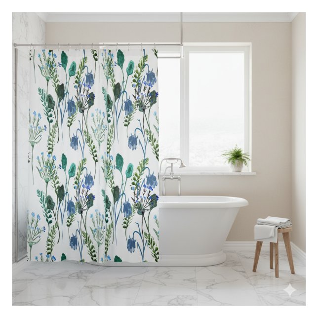 Rideau de douche à fleurs sauvages aquarelle bleu  (Créateur téléchargé)