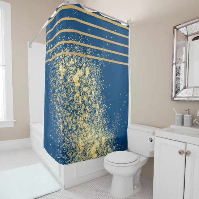 Rideau de douche à lignes métalliques bleues et do (En situation)