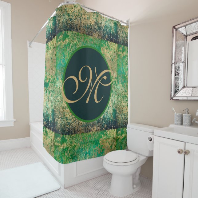 Rideau de douche à monogramme abstrait vert et ble (En situation)