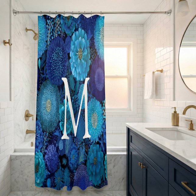 Rideau de douche à monogramme floral bleu marine  (Créateur téléchargé)