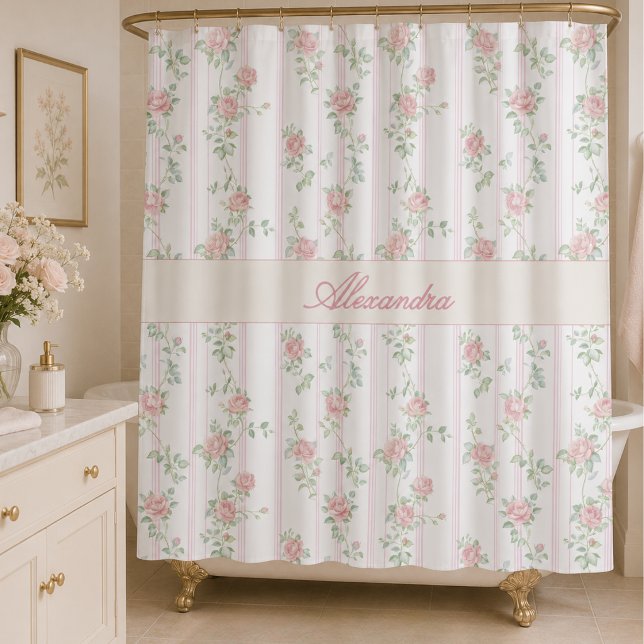 Rideau de douche à monogramme floral rose personna (elegant grandmillennial coquette cottagecore pink floral rose shower curtain with custom monogram)