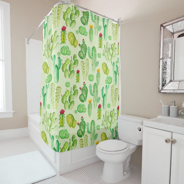 Rideau de douche à motif de cactus à l'aquarelle (En situation)