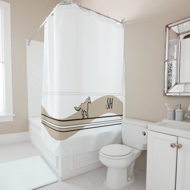 Rideau de douche à motif de cheval courant beige (En situation)