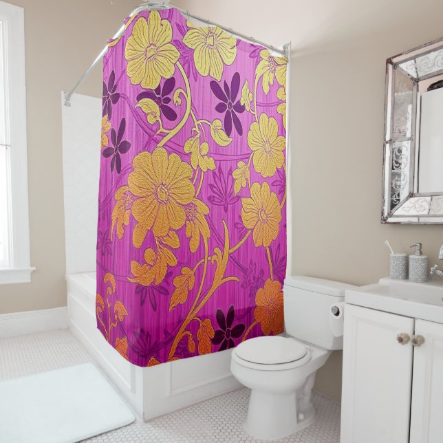 Rideau de douche à motif doré rose oriental (En situation)