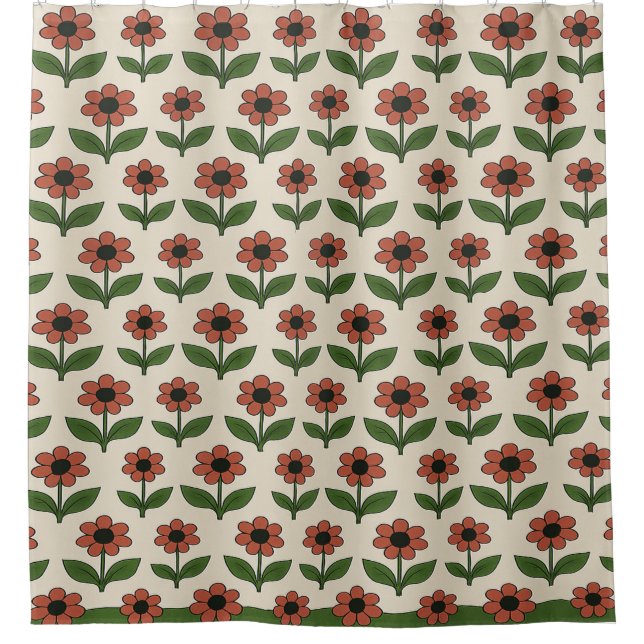 Rideau de douche à motif floral rouge et vert (Devant)