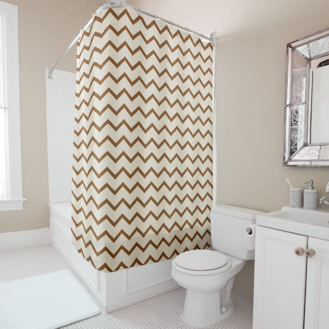 Rideau de douche à motif zigzag marron terreux et  (En situation)
