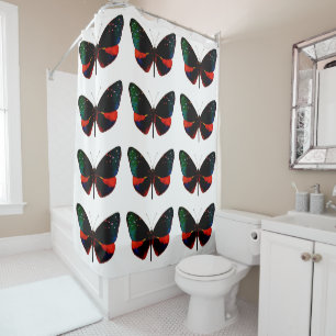 Rideau de douche à papillon rouge, vert et noir