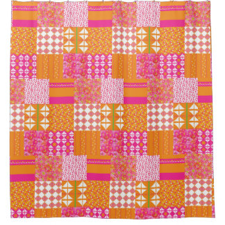 Rideau de douche à patchwork floral rose et orange