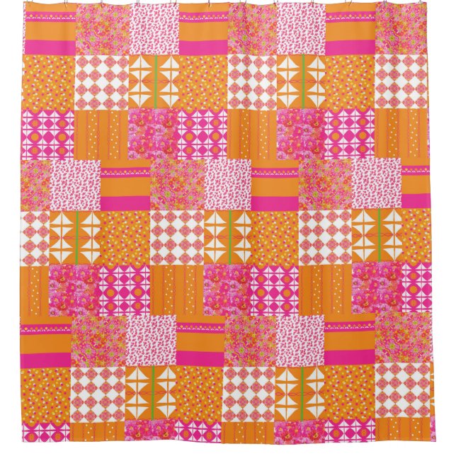 Rideau de douche à patchwork floral rose et orange (Devant)