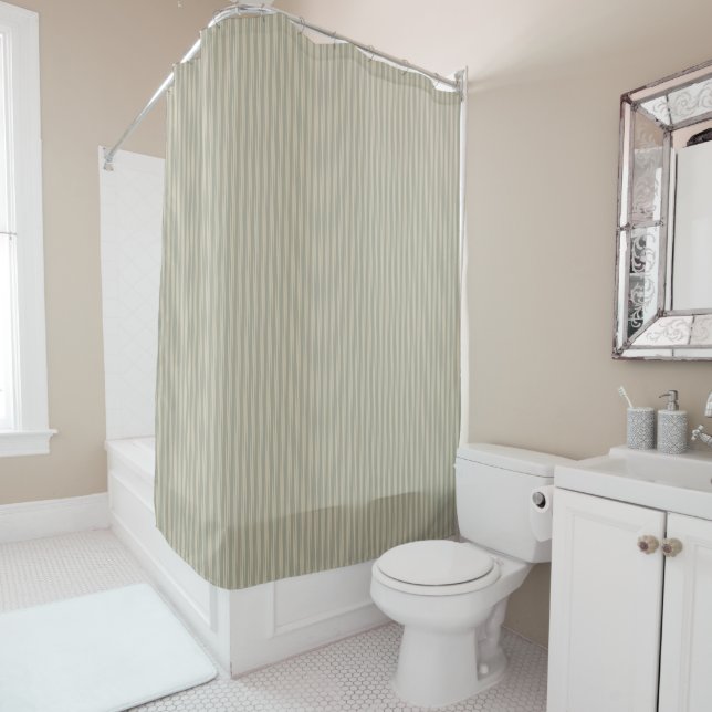 Rideau de douche à rayures beige et blanc (En situation)
