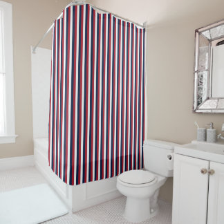 Rideau de douche à rayures marine rouge, blanc et
