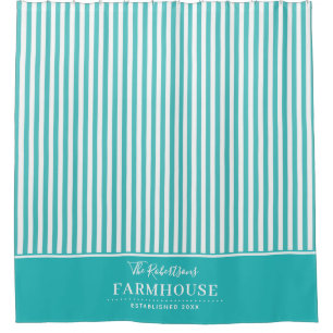 Rideau de douche à rayures turquoise et blanche
