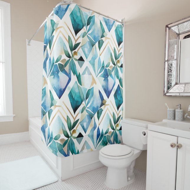 Rideau de douche abstrait aquarelle bohème rustiqu (En situation)