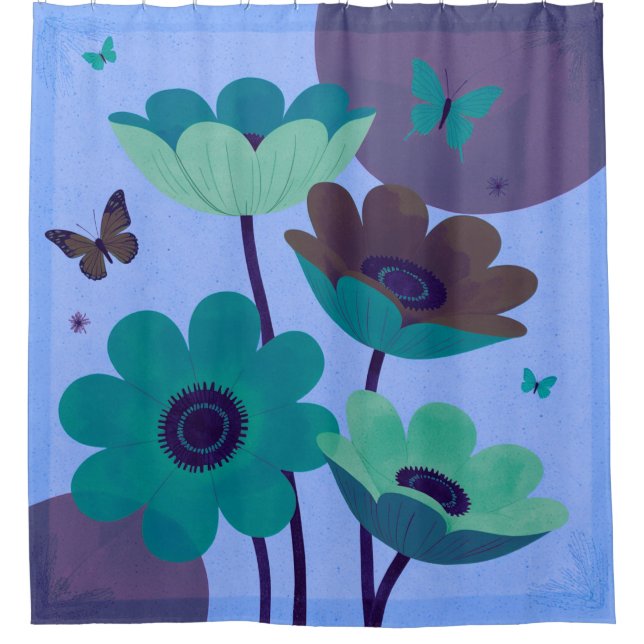 Rideau de douche abstrait papillon et fleurs bleue (Devant)