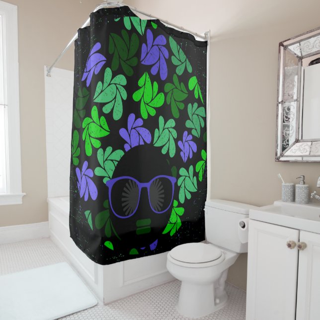 Rideau de douche Afro Diva vert et bleu (En situation)