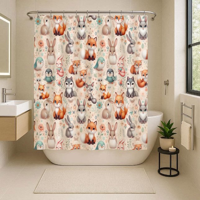 Rideau de douche aquarelle boho renard de bois Bun (Woodland Fox Bunny Watercolor Boho Shower Curtain)