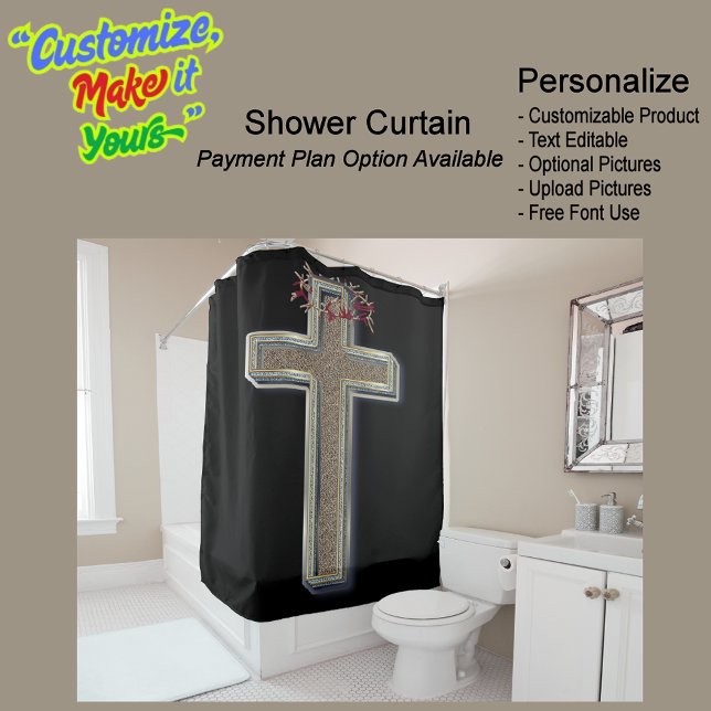 Rideau de douche Arrière - plan noir (Cross Biblical Shower Curtain Featuring a Black Background.)