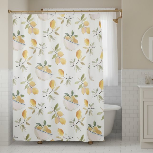 Rideau de douche au citron méditerranéen aquarelle (elegant cottagecore watercolor lemon shower curtain)