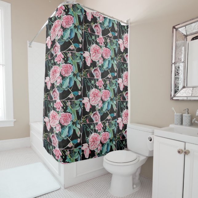 Rideau de douche aux belles vieilles roses roses r (En situation)