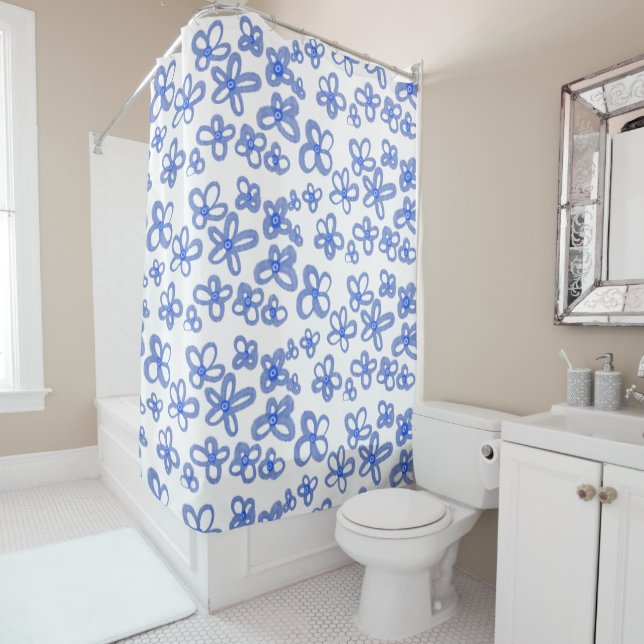 Rideau de douche aux fleurs bleues (En situation)