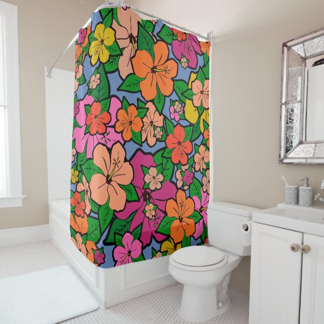 Rideau de douche aux fleurs d'Hibiscus multicolore (En situation)